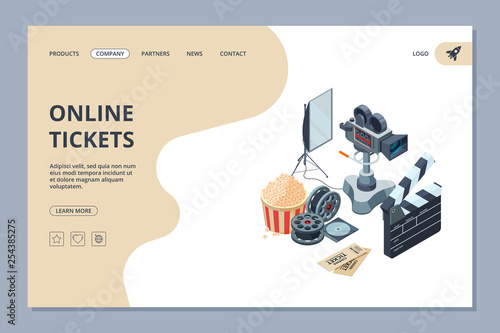 Cinema landing. Web page template videography studio equipment cinema production tv show entertainment vector design. Illustration of cinema film, online ticket banner