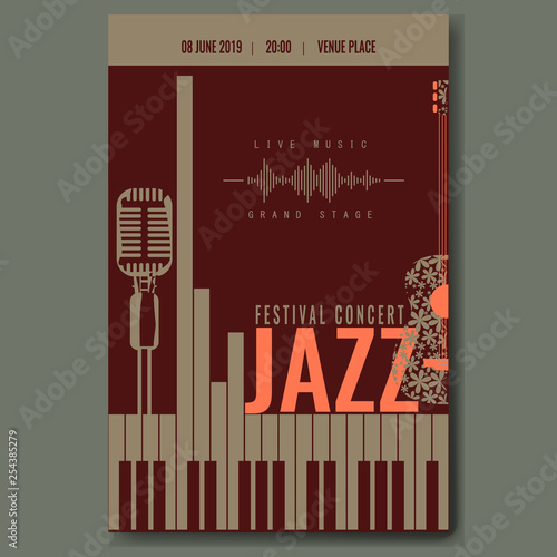 Jazz festival concert poster template design with vintage retro mike silhouette and piano keyboard and flower guitar. Vector illustration.