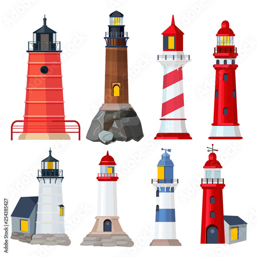 Lighthouses collection. Night sailing building in seaport security searchlights vector illustrations. Seaport lighthouse, beam for guide, tower beacon