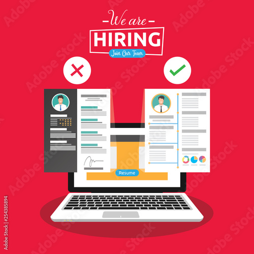 Laptop with open recruitment website address. Choosing the best CV onto the online site as new applicant. Employment recruitment business for skillful and talented workers. Cool vector illustration.
