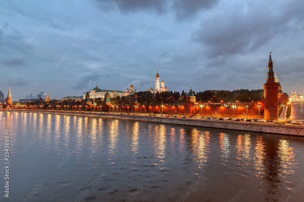 Moscow Kremlin embankment in the summer evening, An overcast, rainy day.