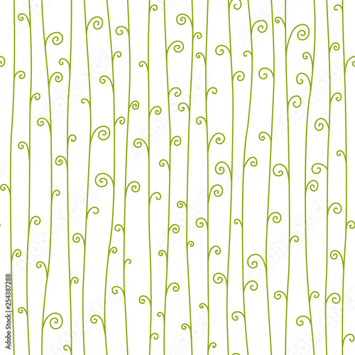 Green and white vine spouts with curls, stylized climbing plants spring seamless pattern, vector