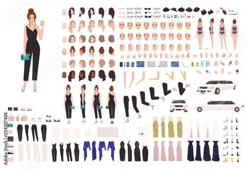 Elegant young woman animation set or constructor kit. Collection of body parts, gestures, postures, evening clothes. Female cartoon character. Front, side, back views. Flat vector illustration.