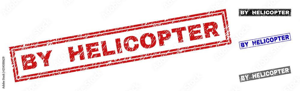 Grunge BY HELICOPTER rectangle stamp seals isolated on a white background. Rectangular seals with distress texture in red, blue, black and grey colors. Grunge BY HELICOPTER rectangle stamp seals isolated on a white background. Rectangular seals with distress texture in red, blue, black and grey colors.