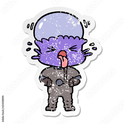 distressed sticker of a disgusted cartoon alien