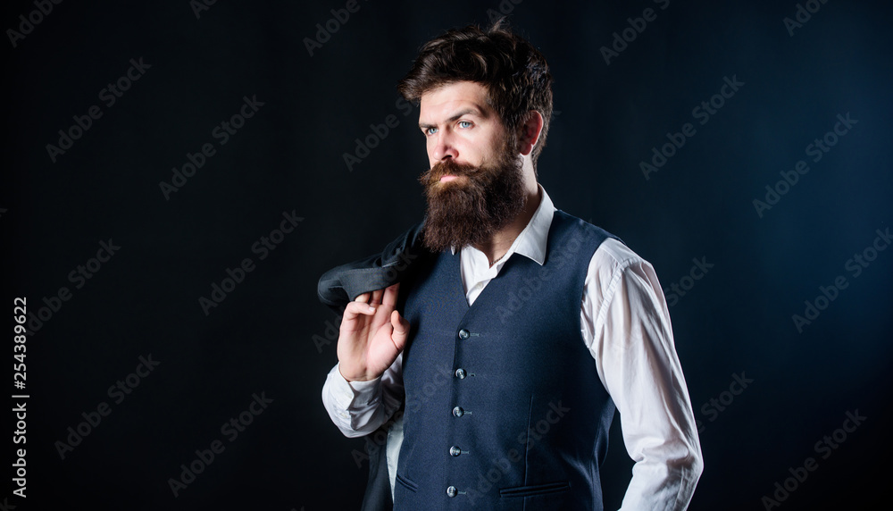 Man bearded hipster wear formal suit with shirt vest and jacket. Elegant  custom outfit fashion. Tailoring and clothes design. Custom made to  measure. Designing made to measure suit. Custom made suit Photos