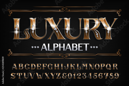 Luxury alphabet font. Ornate golden letters and numbers with diamond gemstones. Stock vector typescript for your design.