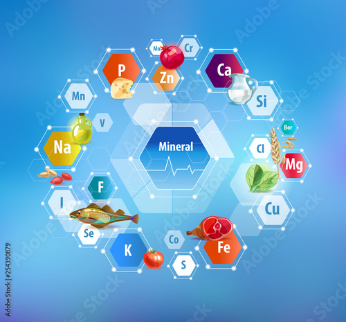 All minerals for human health and food. Abstract scheme.