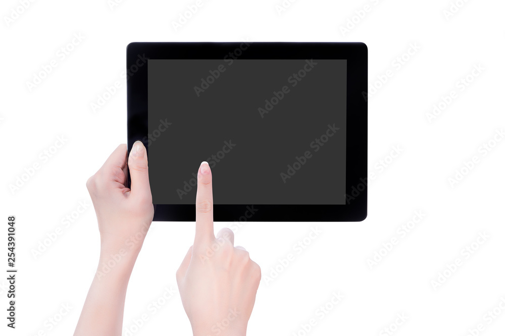 Young beautiful girl holding a black tablet pc template with gray screen isolated on white background, close up, mock up, clipping path, cut out Young beautiful girl holding a black tablet pc template with gray screen isolated on white background, close up, mock up, clipping path, cut out