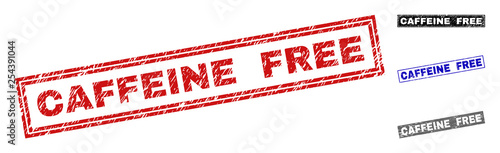 Grunge CAFFEINE FREE rectangle stamp seals isolated on a white background. Rectangular seals with grunge texture in red, blue, black and grey colors.