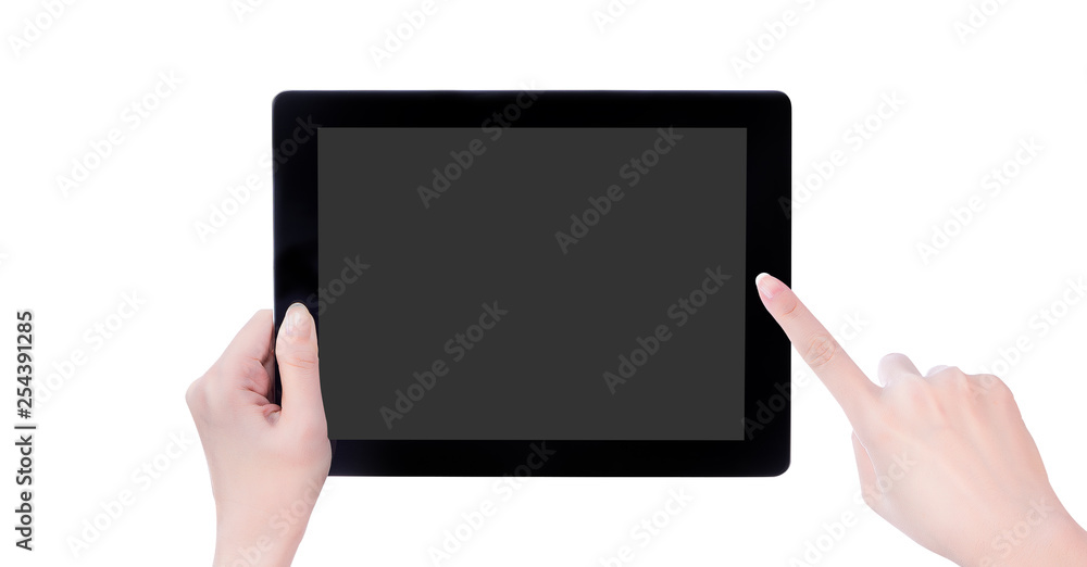 Young beautiful girl holding a black tablet pc template with gray screen isolated on white background, close up, mock up, clipping path, cut out Young beautiful girl holding a black tablet pc template with gray screen isolated on white background, close up, mock up, clipping path, cut out