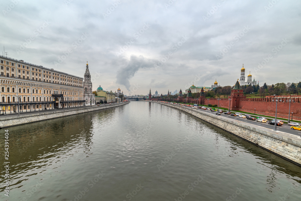 Moscow Kremlin embankment in the summer evening, An overcast, rainy day.