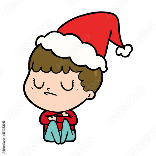 line drawing of a grumpy boy wearing santa hat