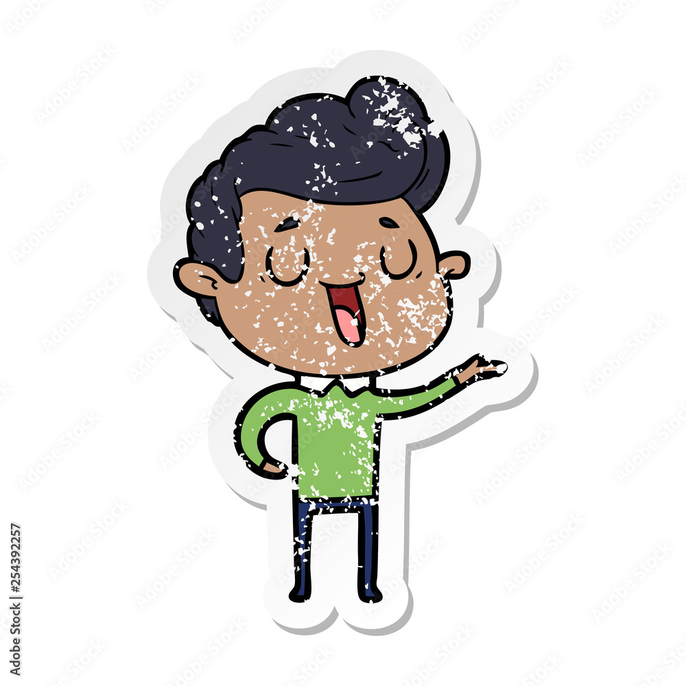 distressed sticker of a happy cartoon man distressed sticker of a happy cartoon man