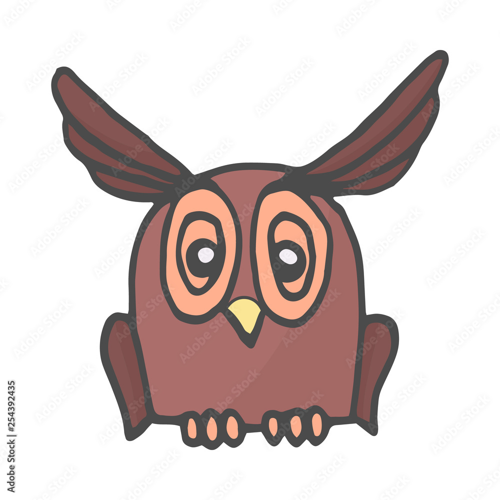 Naklejka premium Wisdom owl hand drawn color doodle icon. Owl bird symbolizing wisdom vector sketch illustration.