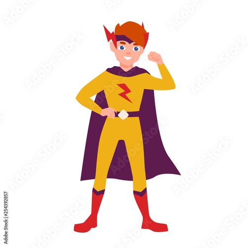 Teenage superhero, superboy or superkid standing in heroic pose. Young boy we...
