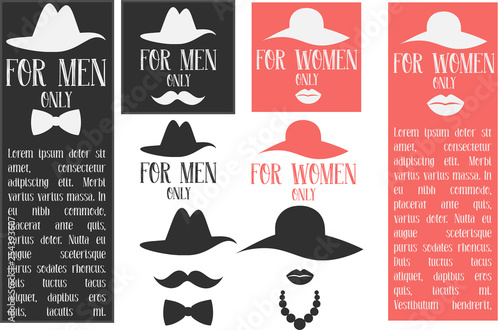 Set of inscriptions for men only and for women only vector set. Mustache, hat, lips, beads. Banners on white background. eps 10