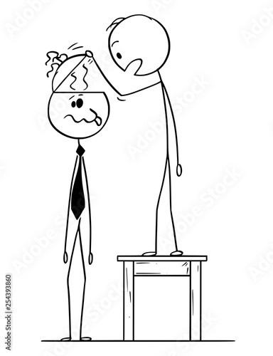 Cartoon stick figure drawing conceptual illustration of man looking in to empty head of crazy or dull businessman or politician finding no brain inside or brainless.
