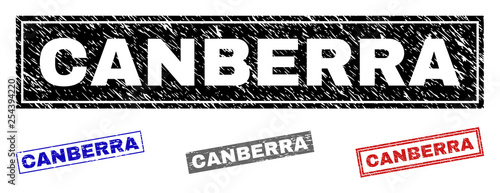 Grunge CANBERRA rectangle stamp seals isolated on a white background. Rectangular seals with grunge texture in red, blue, black and gray colors.
