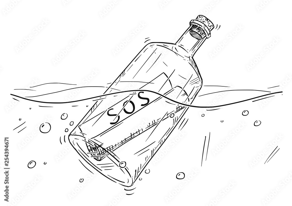 Cartoon drawing illustration of paper SOS message in old glass bottle ...