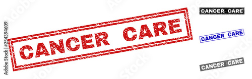 Grunge CANCER CARE rectangle stamp seals isolated on a white background. Rectangular seals with grunge texture in red, blue, black and grey colors.