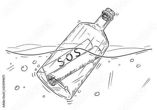 Cartoon drawing illustration of paper SOS message in old glass bottle floating in ocean.