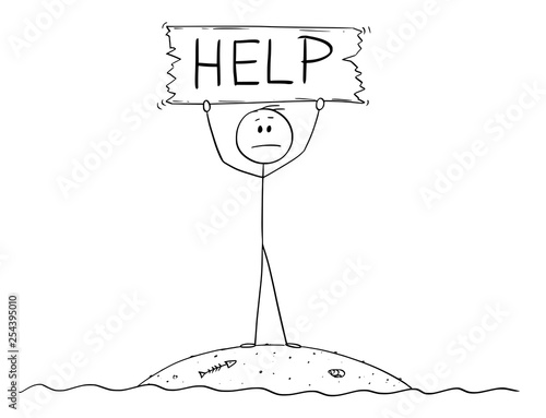 Cartoon stick figure drawing conceptual illustration of castaway man surviving alone on small island and holding help sign.