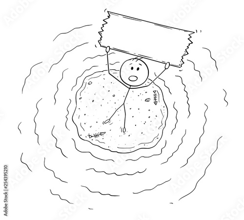Cartoon stick figure drawing conceptual illustration of aerial view of castaway man surviving alone on small island and holding empty sign.