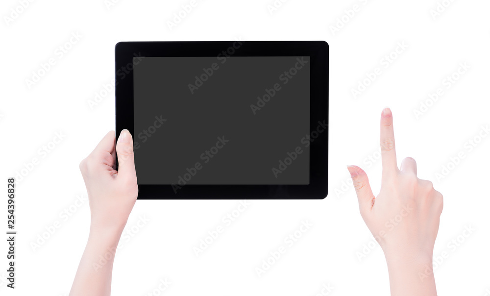 Young beautiful girl holding a black tablet pc template with gray screen isolated on white background, close up, mock up, clipping path, cut out Young beautiful girl holding a black tablet pc template with gray screen isolated on white background, close up, mock up, clipping path, cut out