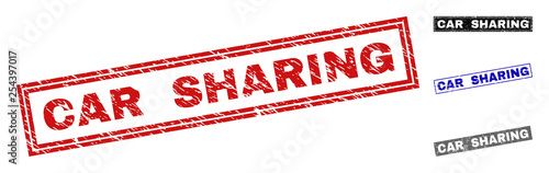 Grunge CAR SHARING rectangle stamp seals isolated on a white background. Rectangular seals with grunge texture in red, blue, black and gray colors.