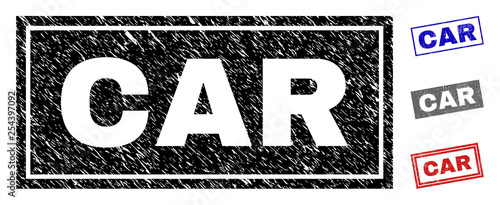 Grunge CAR rectangle stamp seals isolated on a white background. Rectangular seals with grunge texture in red, blue, black and gray colors. Vector rubber imprint of CAR label inside rectangle frames.