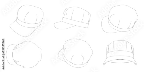 Set with contours of caps with a peak. Caps with different types of black lines. Vector illustration