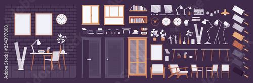 Workplace modern interior, home or office room creation kit, working space set with furniture, constructor elements to build your own design. Cartoon flat style infographic illustration, color palette