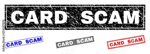 Grunge CARD SCAM rectangle stamp seals isolated on a white background. Rectangular seals with grunge texture in red, blue, black and grey colors.