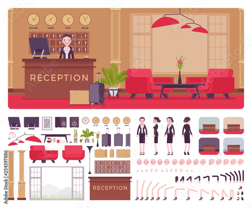 Hotel female receptionist in lobby workplace interior, front desk creation kit, reception area set with furniture, constructor elements to build own design. Cartoon flat style infographic illustration