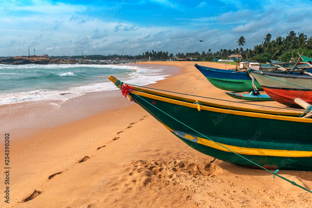 tropical fishing boats on the shore of the ocean