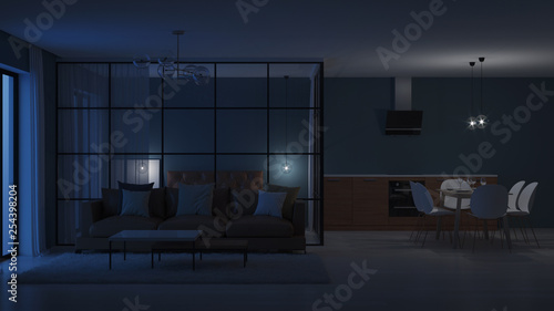 Modern house interior. Bedroom with glass partitions. Night. Evening lighting. 3D rendering.