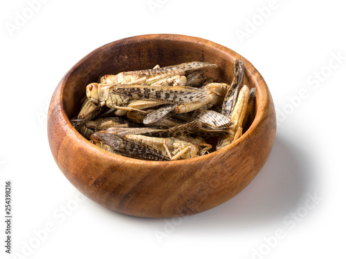 Edible grasshoppers in a wooden bowl