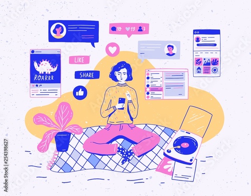 Girl sitting at home, holding mobile phone and chatting or receiving feedback on social network. Microblogging, internet communication, online instant messaging. Colorful vector illustration.