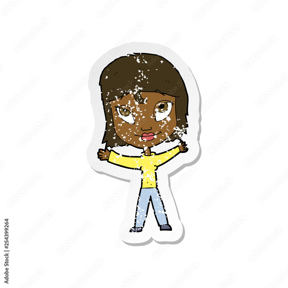 Fototapeta premium retro distressed sticker of a cartoon happy woman waving arms
