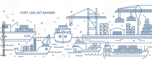 Horizontal banner with sea port, marine cargo terminal, freight vessels or ships carrying containers drawn with contour lines. Maritime transportation. Monochrome vector illustration in linear style.