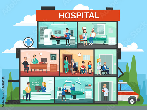 Medical office rooms. Hospital building interior, emergency clinic doctor waiting room and surgery doctors cartoon vector illustration
