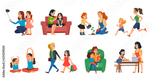 Motherhood concept. Mother and daughter family help, playing or hugging. Mothers day cartoon vector illustration set