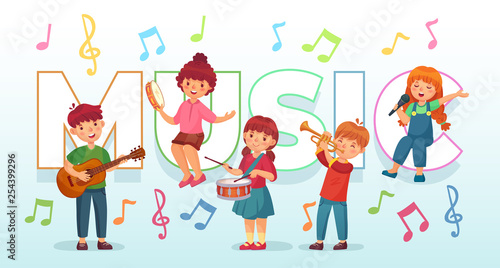 Kids playing music. Children musical instruments, baby band musicians and dancing kid singing or playing guitar vector illustration