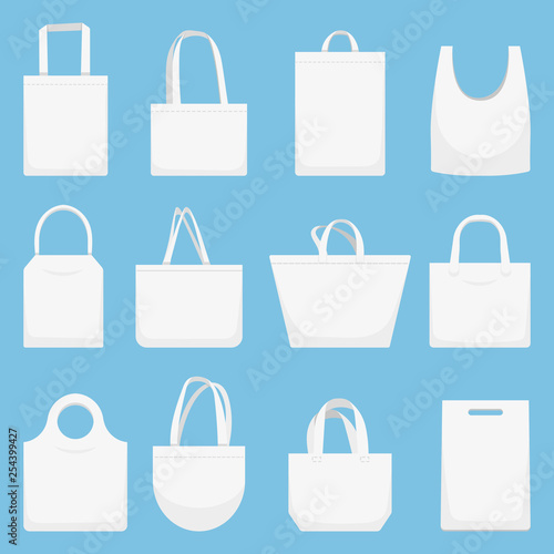 Fabric bag. Eco canvas bags, white shopping bagful and beach cloth handbag vector illustration set