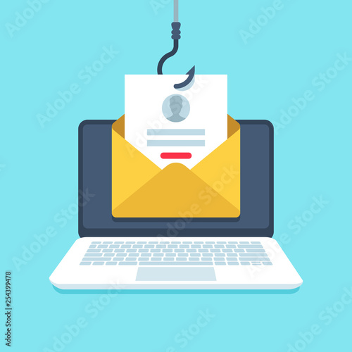 Phishing email. Forgery login page, email on hook, malware privacy protection vector concept illustration
