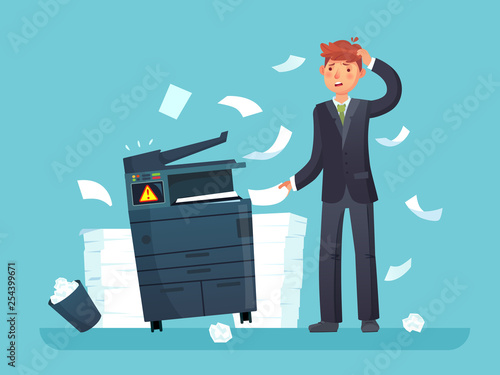 Printer broken. Confused business worker broke copier, office copy machine and lot of paper documents cartoon vector illustration