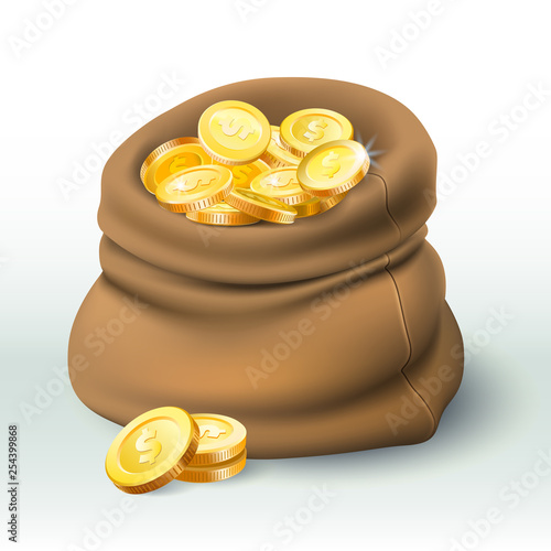 Gold coins bag. Golden coin wealth, big cash sack and money bonus 3D realistic vector illustration