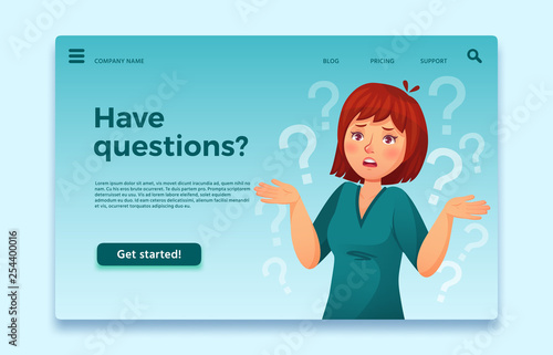 Woman have questions. Questioning female person, confused and thinking question. FAQ landing page cartoon vector illustration