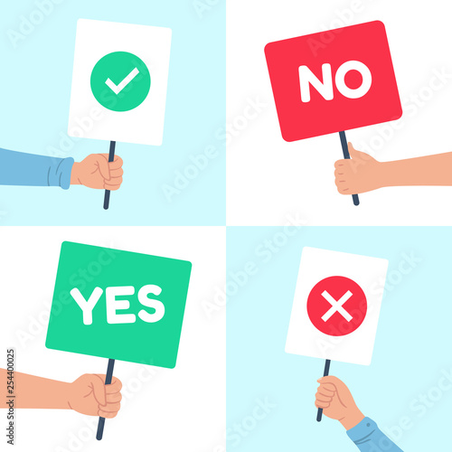 Yes no posters. Holding protest banner in hand, demonstration consent poster and denial strike banners vector illustration set